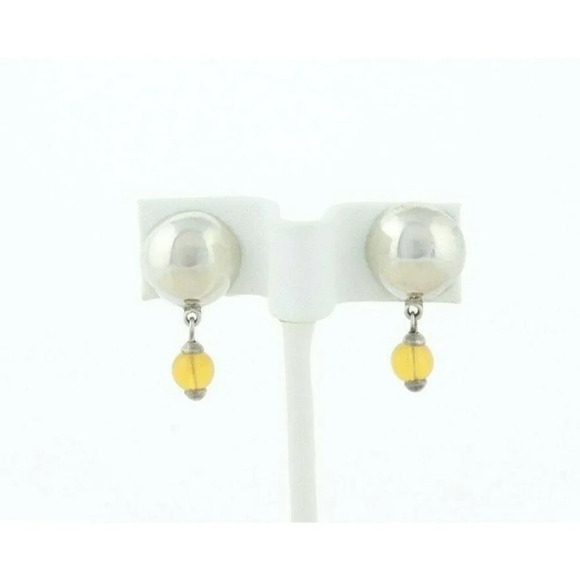 Sterling Silver Button Earrings with Yellow Glass Bead Dangle Drop Earrings - Picture 1 of 7